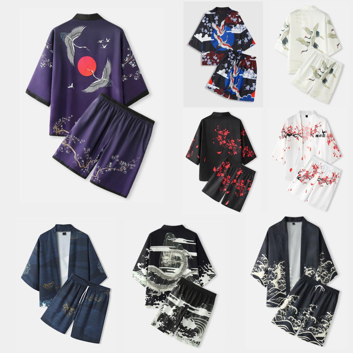 日系浮世绘插画趣味羽织和服披风套装3D数码印花开衫浴袍衬衫日常