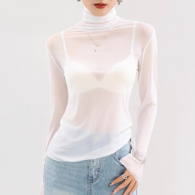 白色高领蕾丝打底衫内搭透视网纱