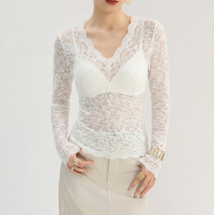 白色v领蕾丝上衣女高级感镂空网纱修身叠穿打底衫绝美花边长袖T恤