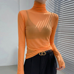 橘色多巴胺独特漂亮蕾丝打底衫2026新款微透网纱上衣女轻奢高级感
