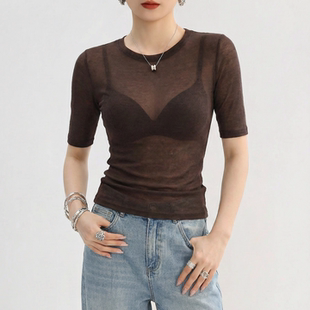 咖色夏季薄款中袖t恤女款2026新款微透薄纱高端网纱上衣高级感透