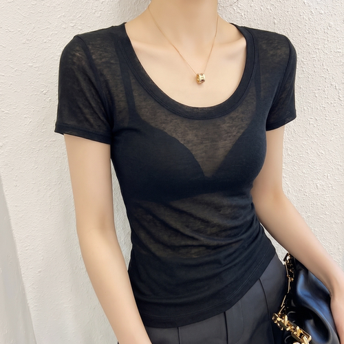 超好看黑色大领口短袖t恤女正肩