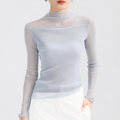 蓝色半高领网纱打底衫女高端蕾丝