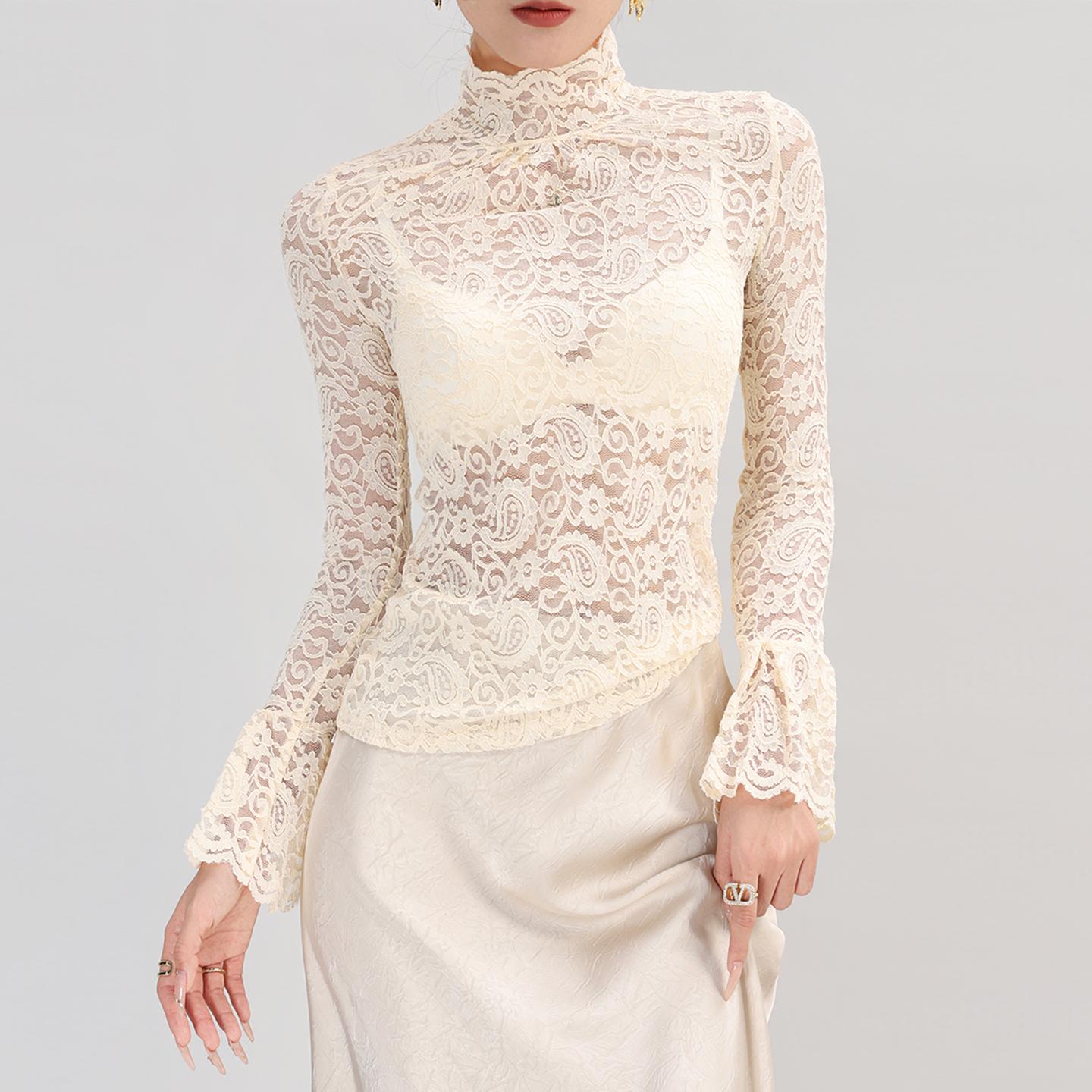 长袖打底衫女高领内搭蕾丝网纱