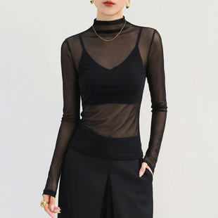 黑色半高领蕾丝打底衫女正品高档独特漂亮网纱内搭绝美薄款上衣透