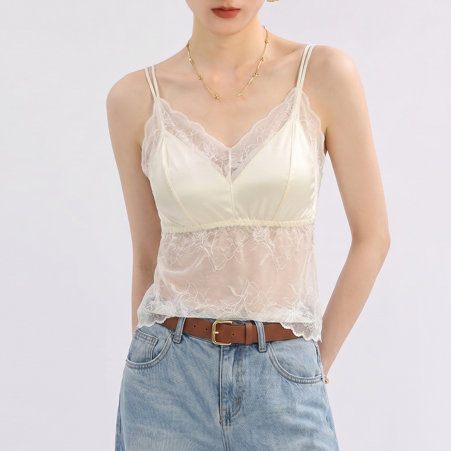 白色v领带胸垫蕾丝吊带背心女遮副乳修身夏季露背网纱上衣高级感