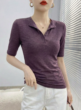 紫色中袖t恤女2026新款超好看的半开领设计显瘦修身薄款微透上衣