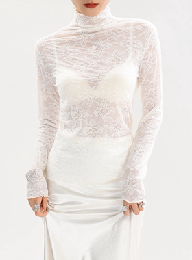 白色高领蕾丝打底衫女内搭叠穿欧货高端透明网纱可外穿上衣高级房