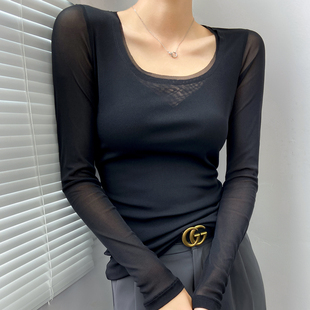 黑色u领网纱打底衫女高端内搭品牌超好看冰丝透视长袖上衣高级感