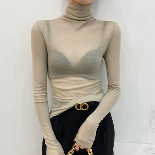 秋冬内搭透视高级感叠穿上衣薄 2025新款 杏色高领打底衫 女高端薄款