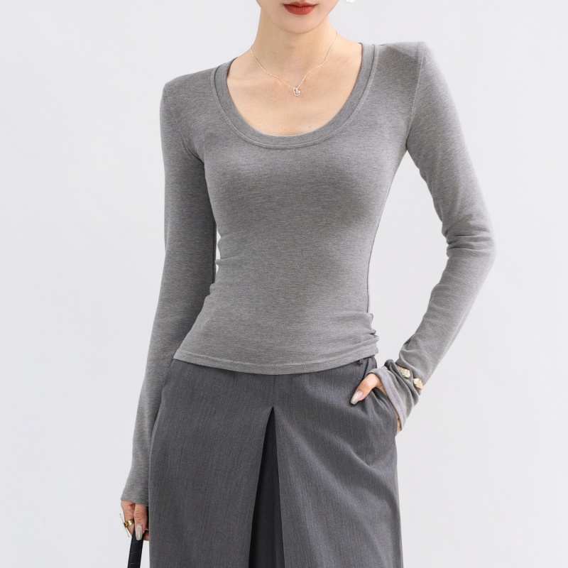 灰色u领长袖内搭打底衫修身垫肩