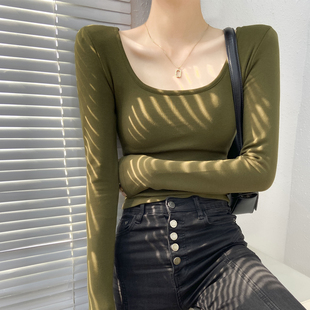 方领加绒打底衫女加厚保暖带胸垫内搭爆款可外穿磨毛洋气短款上衣