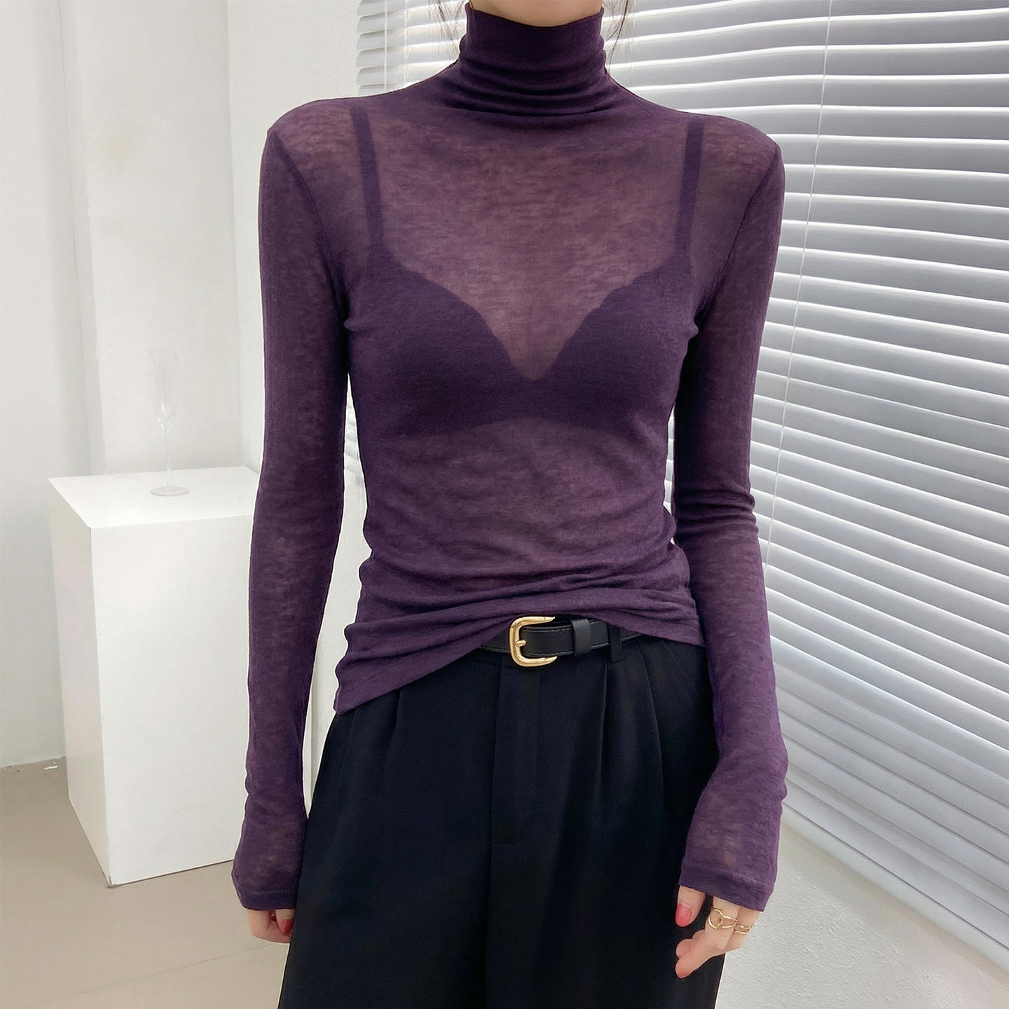 高领打底衫女高端轻奢高级感内搭可外穿超好看紫色修身微透上衣薄,女装/女士精品,T恤,淘宝优惠券,粉丝福利购,淘宝优惠卷
