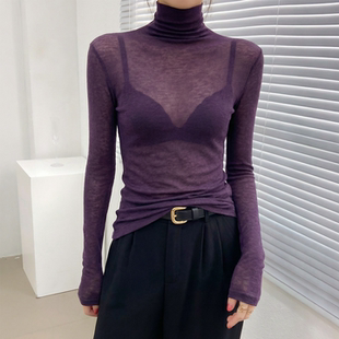 高领打底衫女高端轻奢高级感内搭可外穿超好看紫色修身微透上衣薄
