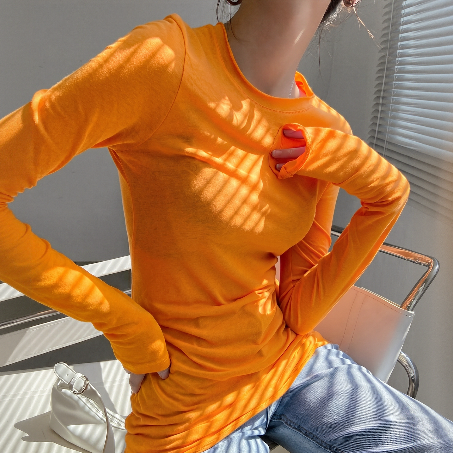 桔色夏季薄款防晒罩衫女明媚多巴胺修身微透长袖t恤独特漂亮上衣