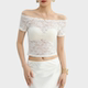 白色蕾丝网纱一字肩短袖 透视上衣 女夏超好看绝美高质量高级感短款