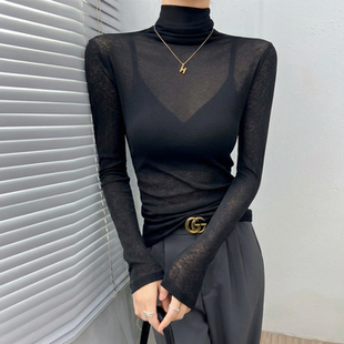 黑色高领蕾丝打底衫2026新款内搭绝美可外穿微透网纱上衣女高级感