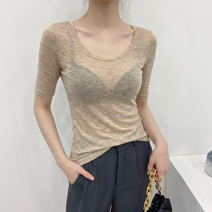 燕麦色大领口半袖女款2026新款薄款微透中袖t恤中袖上衣高级感夏