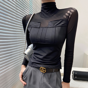 网红高领性感微透洋气上衣高级感黑色t恤薄 女早春新款 长袖 打底衫