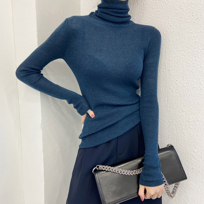 高领蓝色羊毛针织打底衫修身薄款