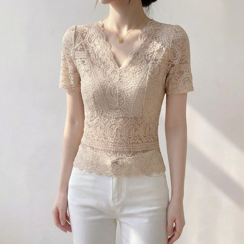杏色v领蕾丝上衣花边薄款短袖t恤