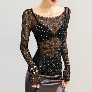 大领口镂空蕾丝打底衫 烫钻内搭花边黑色高端网纱上衣女轻奢高级感