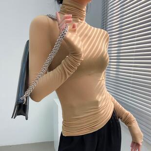 杏色高领打底衫女秋冬薄款内搭贴身洋气女士上衣堆堆领微透高级感