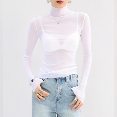 高领蕾丝打底衫女内搭白色薄纱