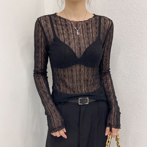 黑色圆领蕾丝打底衫内搭女网纱
