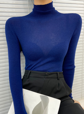 半高领时尚打底衫洋气长袖修身微透蓝色上衣秋冬内搭保暖羊毛t恤