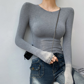 修身 早秋薄款 垫肩t恤轻熟上衣 女2025新款 紧身灰色圆领正肩打底衫