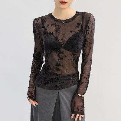 黑色圆领网纱打底衫女早秋