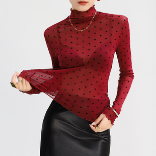 红色高领波点网纱蕾丝打底衫女高端独特漂亮超好看透视上衣高级感