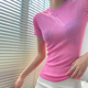 高端网纱上衣透明打底衫 夏季 t恤女2025新款 粉色多巴胺小立领短袖