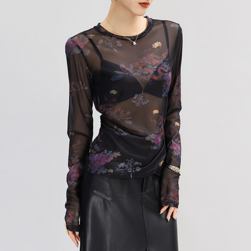 蕾丝打底衫女内搭黑色叠穿网纱