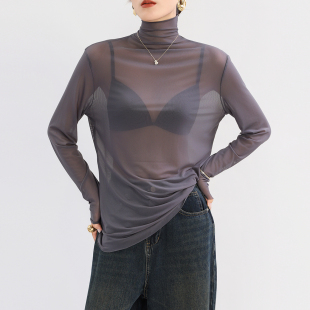 高领蕾丝网纱打底衫 透明上衣轻奢高级感薄 女内搭灰色宽松薄纱长袖