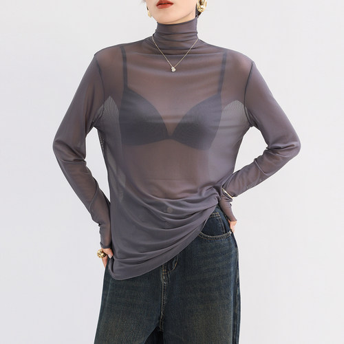 高领蕾丝网纱打底衫女内搭宽松