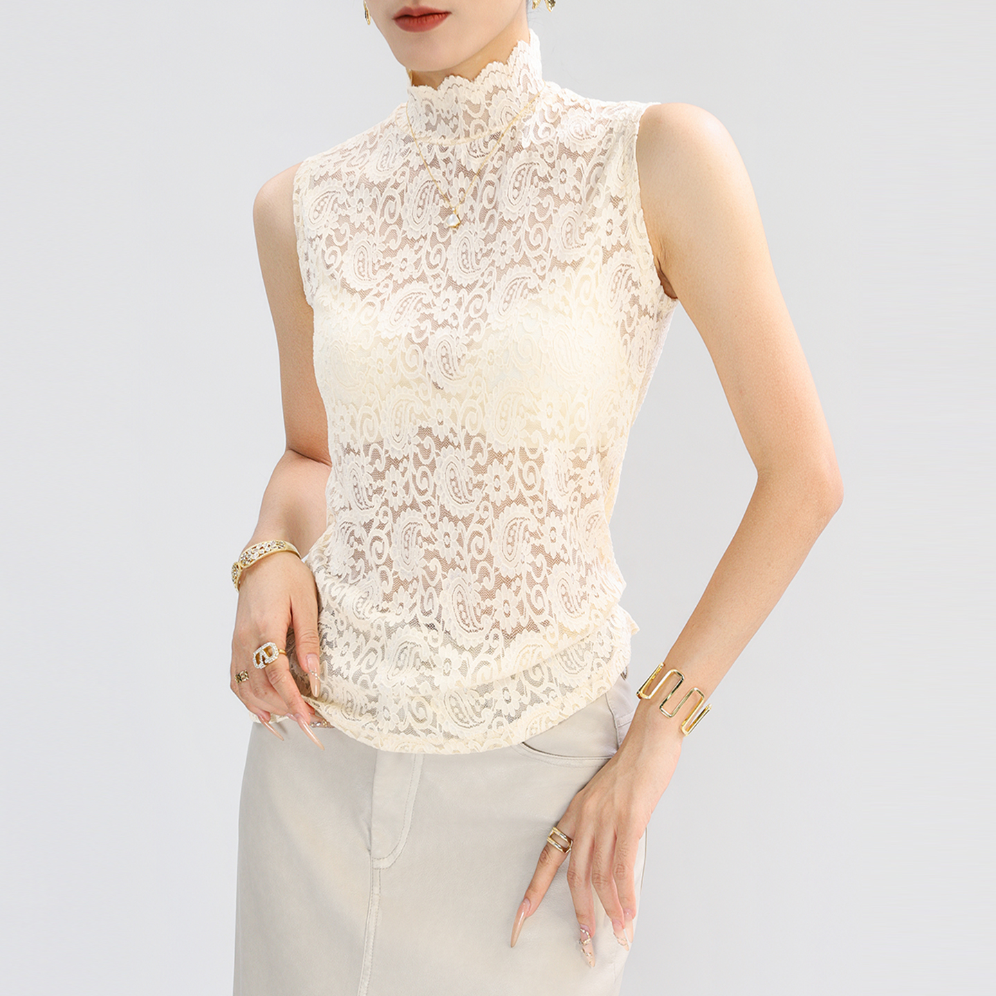 蕾丝打底衫女内搭高领杏色