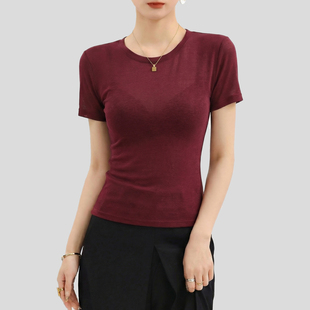 红色高质量短袖t恤女夏季超好看漂亮独特高级感薄款修身圆领上衣