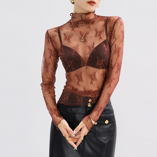 红色高领蕾丝打底衫女透明网纱内搭可外穿轻奢高级感绝美上衣薄款