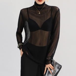 蕾丝打底衫女内搭高领黑色透视高端宽松性感网纱上衣轻奢高级感薄