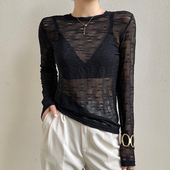 高级感宽松慵懒风半透明网纱防晒罩衫 黑色长袖 t恤女夏薄款 上衣女