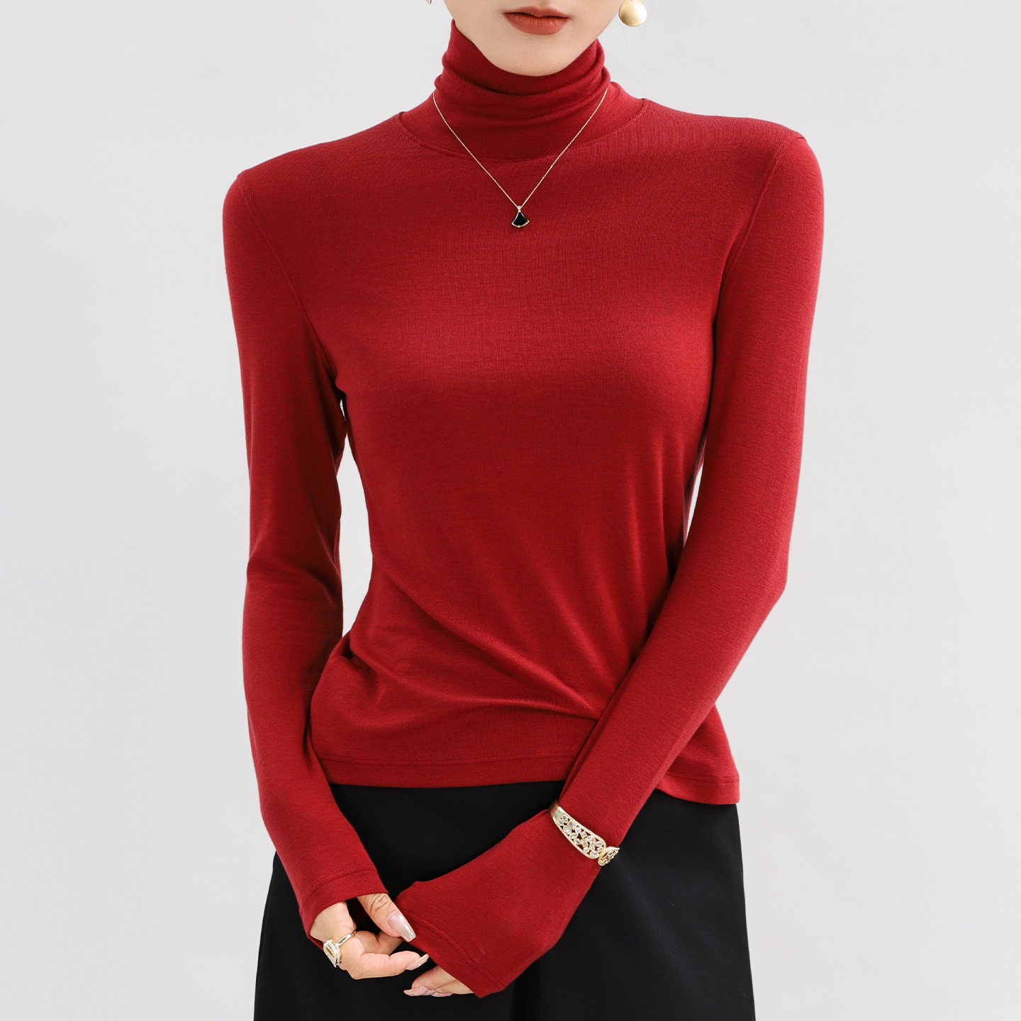 红色高领打底衫内搭绝美修身上衣