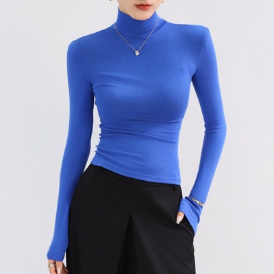蓝色高领打底衫女内搭可外穿垫肩