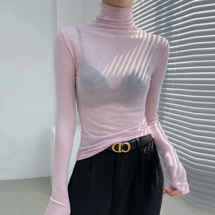 巨好看粉色高领打底衫女内搭冬可外穿修身长袖薄款微透上衣高级感