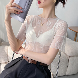 白色蕾丝上衣女夏2026新款高级感喇叭袖镂空薄款修身网纱打底衫薄