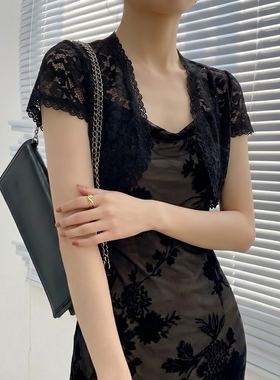 黑色蕾丝开衫女花边短款短袖外套