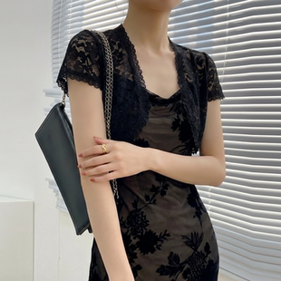 黑色蕾丝开衫女外搭夏季法式花边镂空薄款短款防晒短袖外套高级感