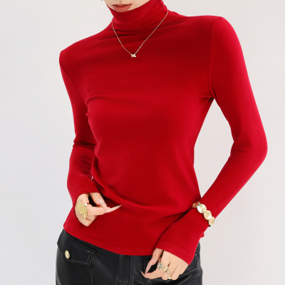红色高领双面德绒打底衫女加绒