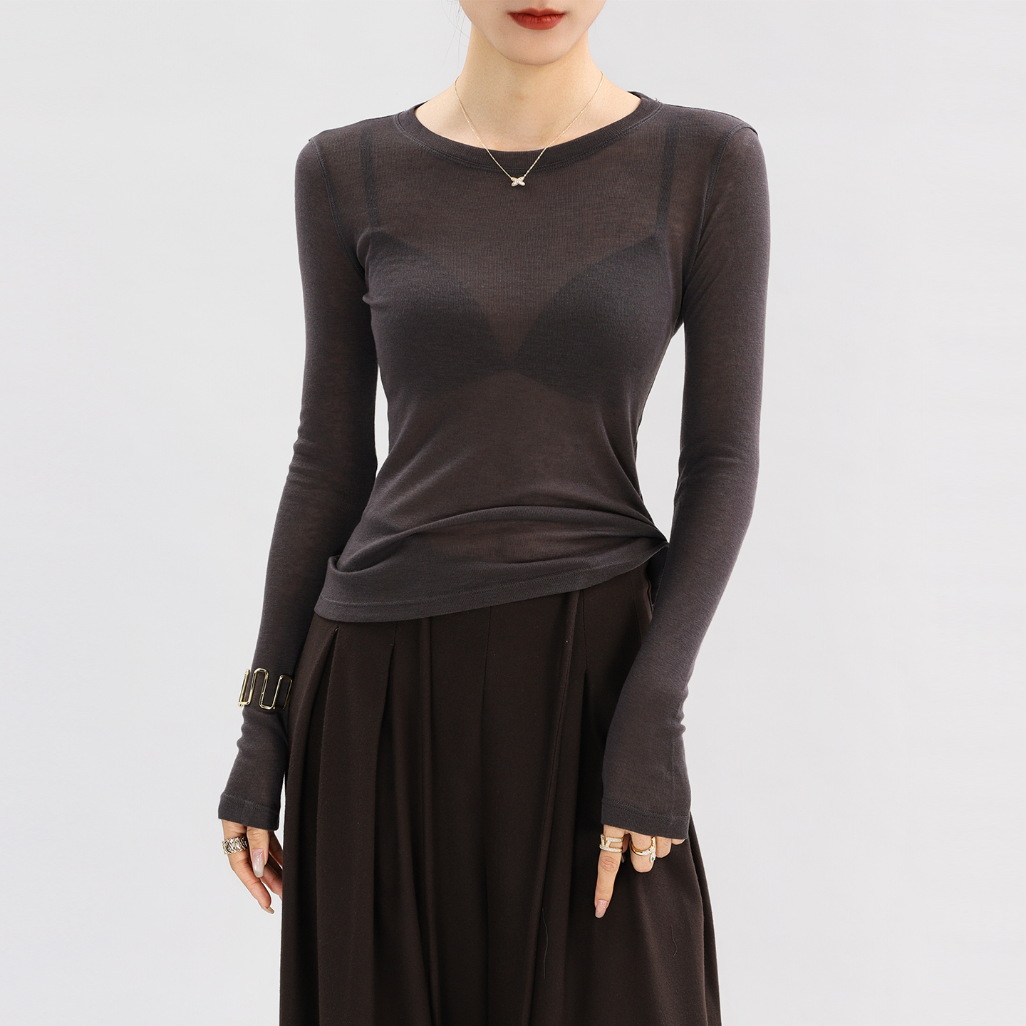 超好看内搭打底衫女长袖灰色圆领